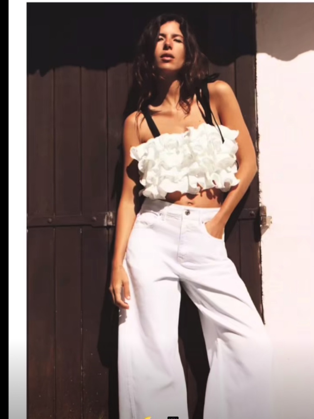 NEW Zara White Ruffled Crop Top with Tie Black Bows Elastic Stretch NWT Medium - Picture 2 of 7